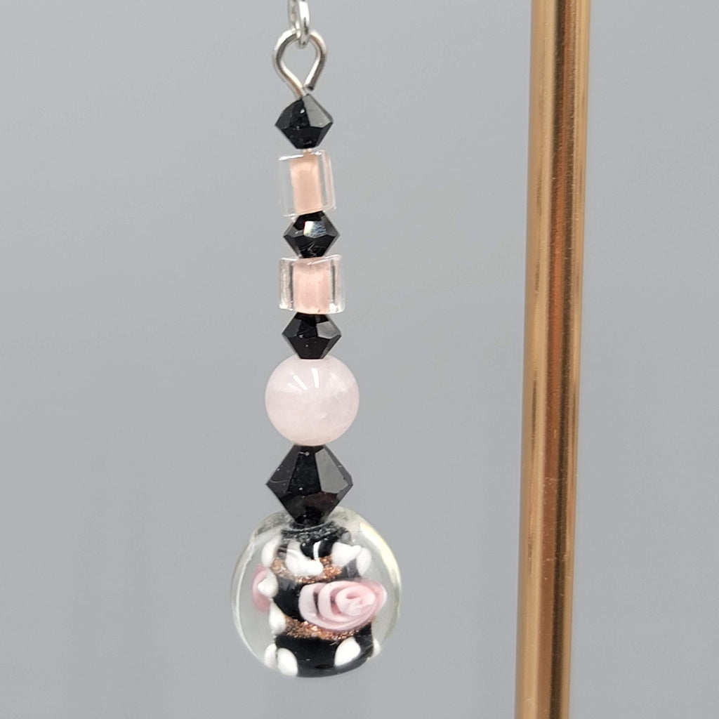 Pink Flower Art Glass Pierced Earrings Black & Silver tone Dangle  1.75"