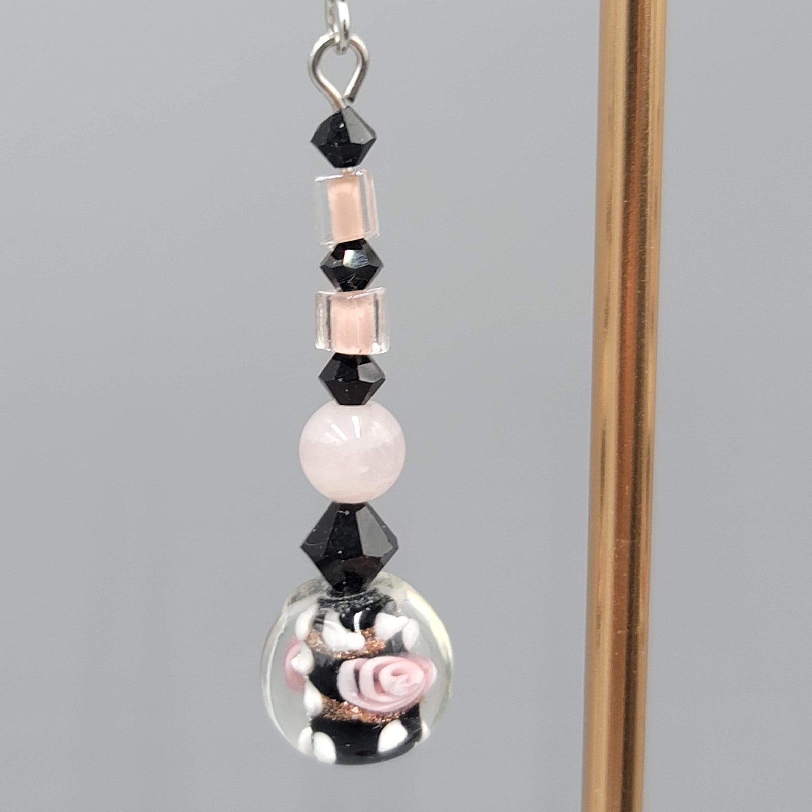 Pink Flower Art Glass Pierced Earrings Black & Silver tone Dangle  1.75"