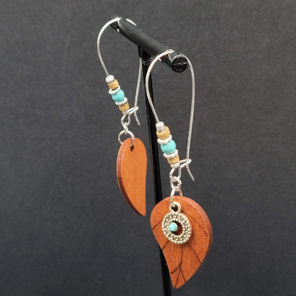 New Boho Pierced Earrings Long Hook Wood Leaf Beaded Dangle 2.75"
