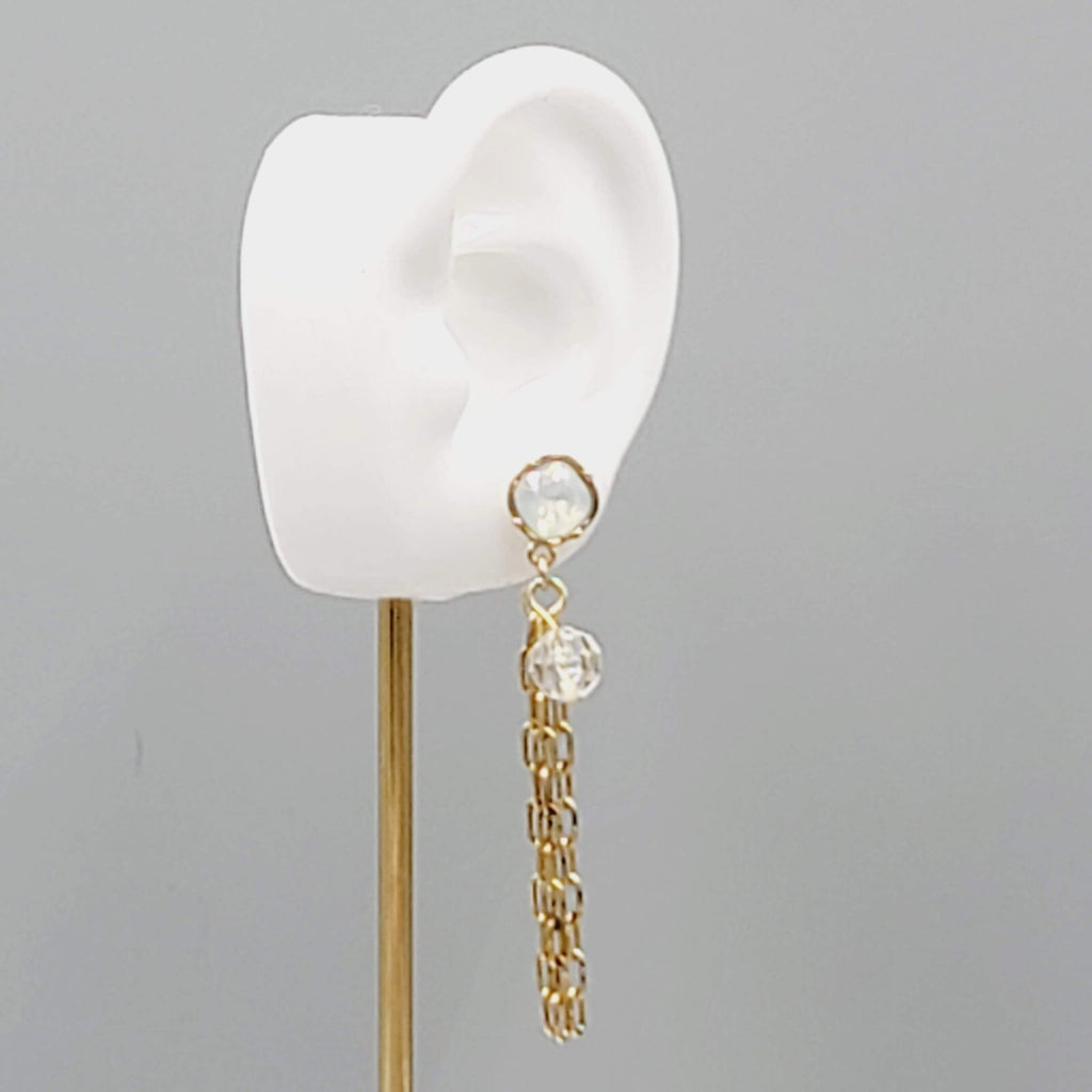 Gold tone Dangle Chains Pierced Earrings Translucent Rhinestone 2.5"