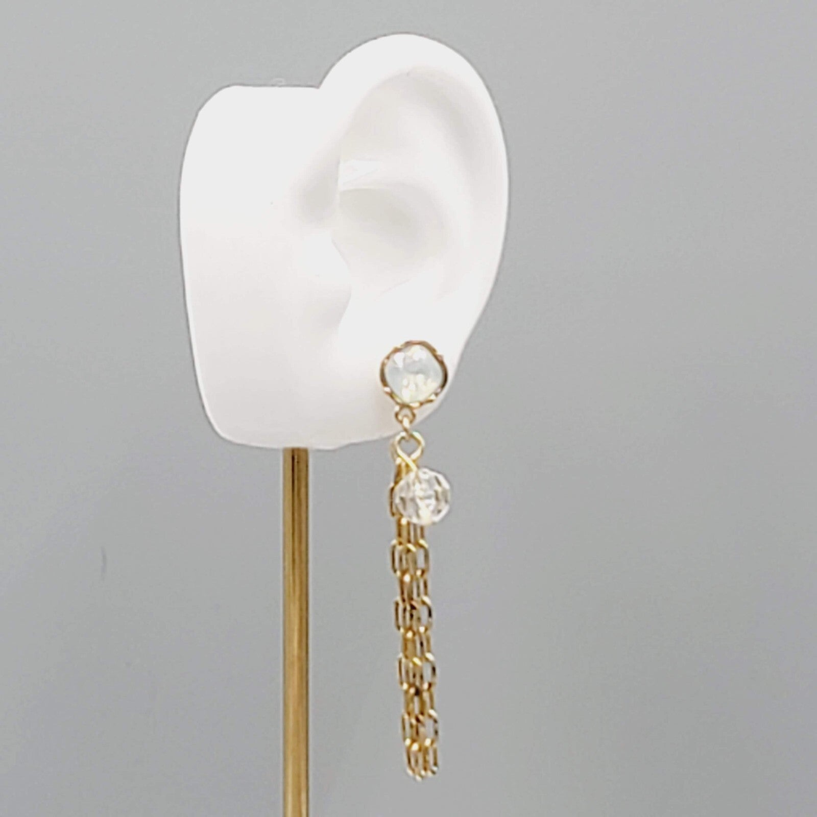 Gold tone Dangle Chains Pierced Earrings Translucent Rhinestone 2.5"