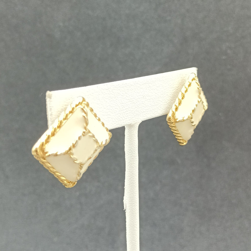 Vintage Pierced Earrings Gold Plated Cream Enamel Geometric Drop 1"