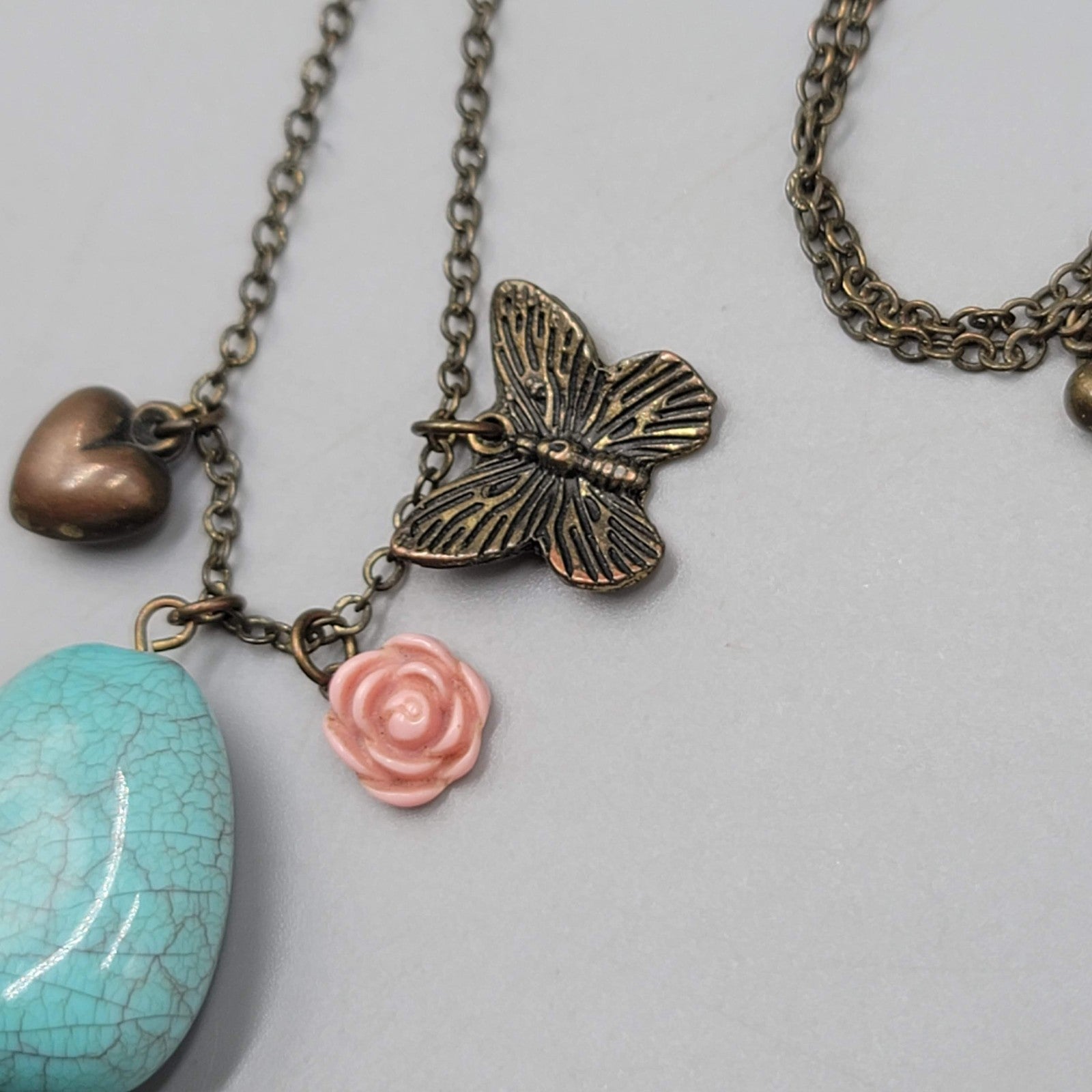 Bronze tone Charm Pendant Necklace Blue Stone Butterfly Heart Flower 16"-18"