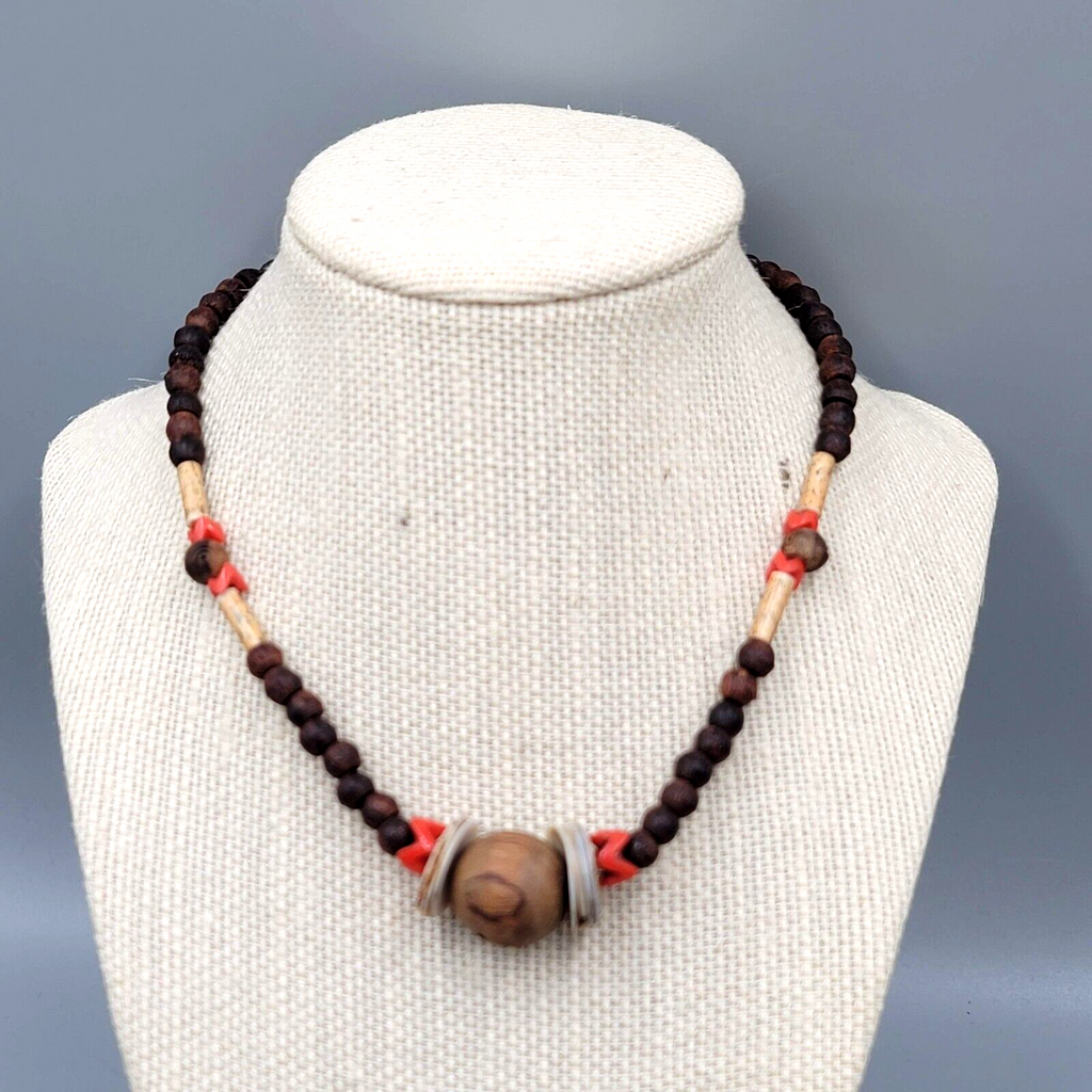 Artisan Boho Necklace Wood Bead Shell Ethnic 16"