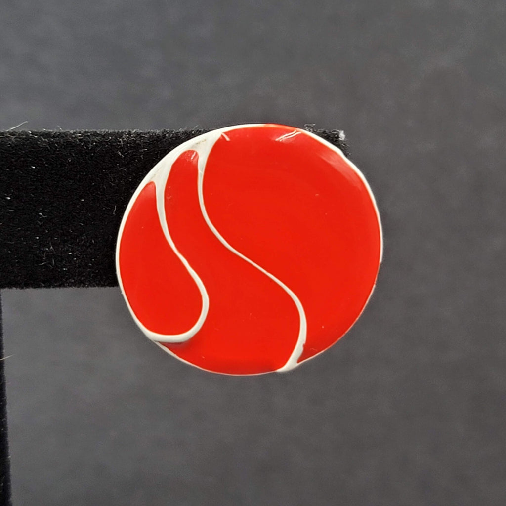 Vintage Pierced Earrings Heavy Enamel Red White Disc Studs 7/8"