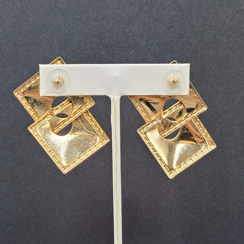 Vintage Pierced Earrings Gold tone Blue Teal Enamel Double Square Drop 2"