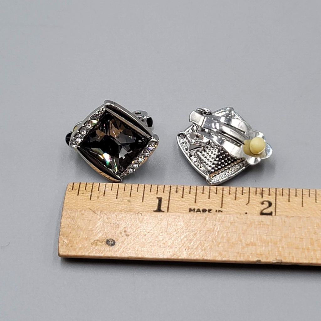Smokey Gray Square Rhinestone Clip on Earrings Silver tone Stud 7/8"