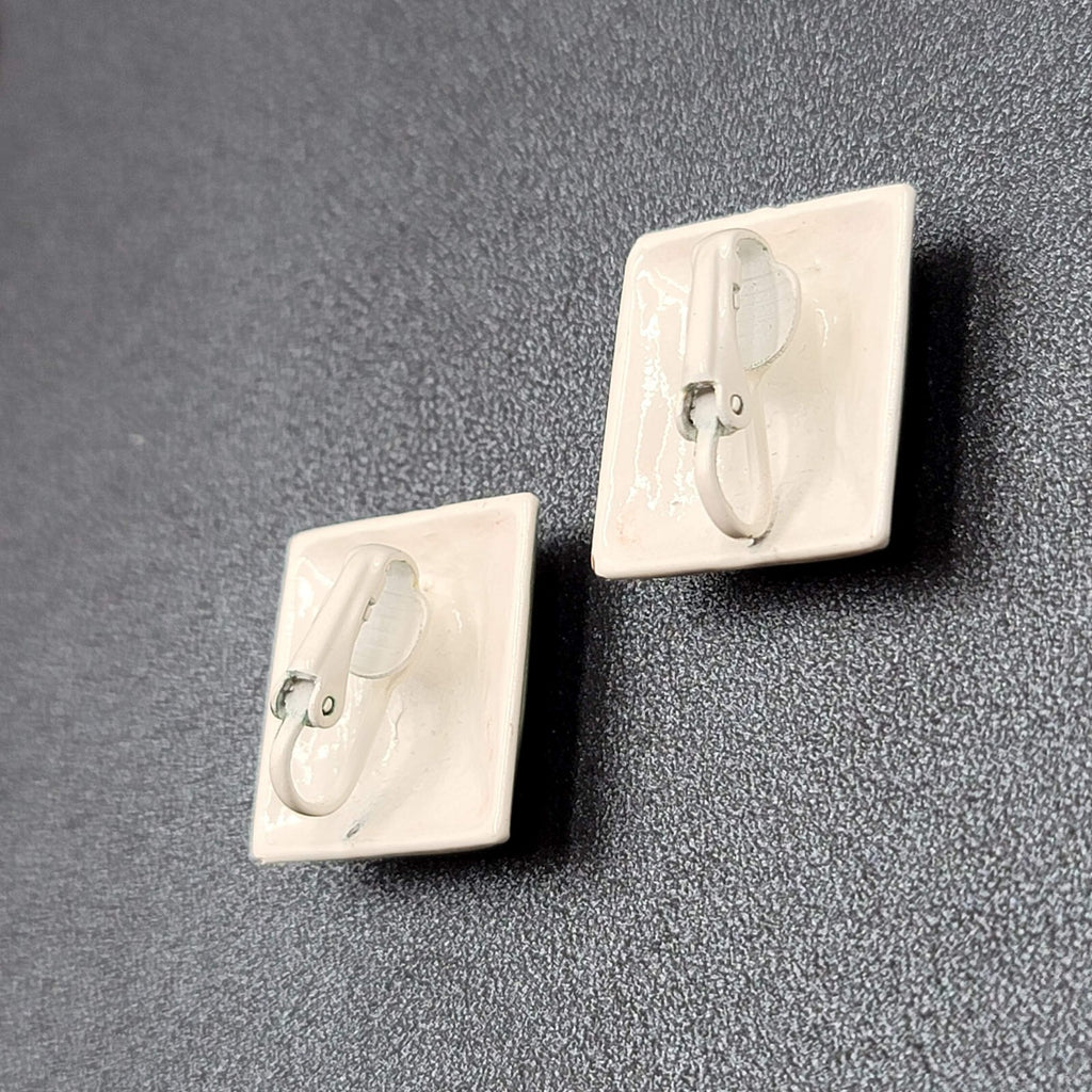 Vintage Clip on Earrings Green Yellow White Enamel Squares 7/8"