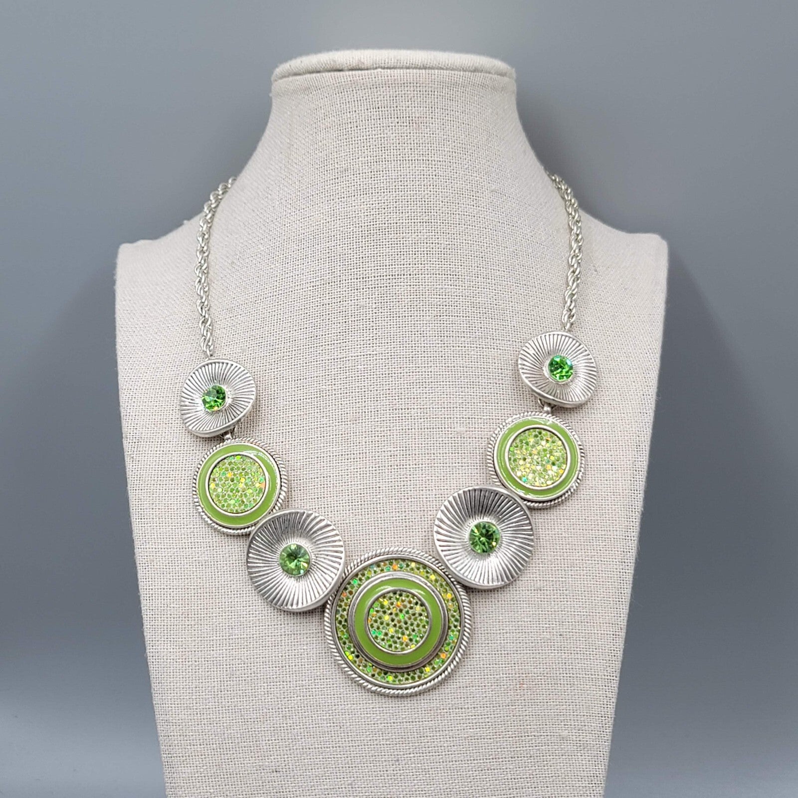 Green Rhinestone Necklace Silver tone Statement Adj 16"-19"