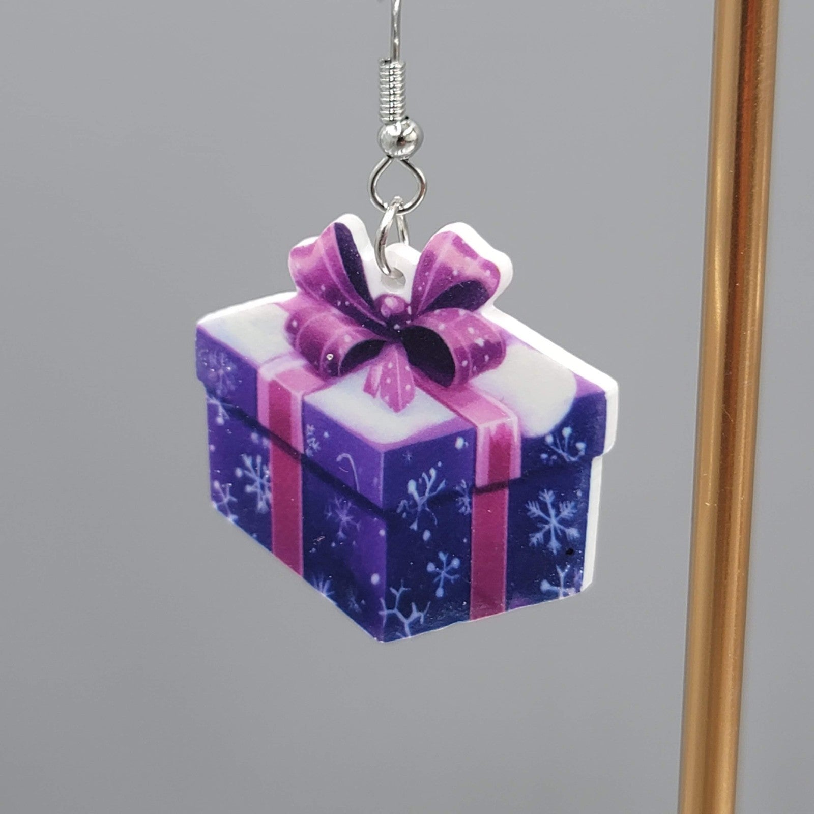 Christmas Present Pierced Earrings Silver tone Dangle Purple Pink 1.25 in