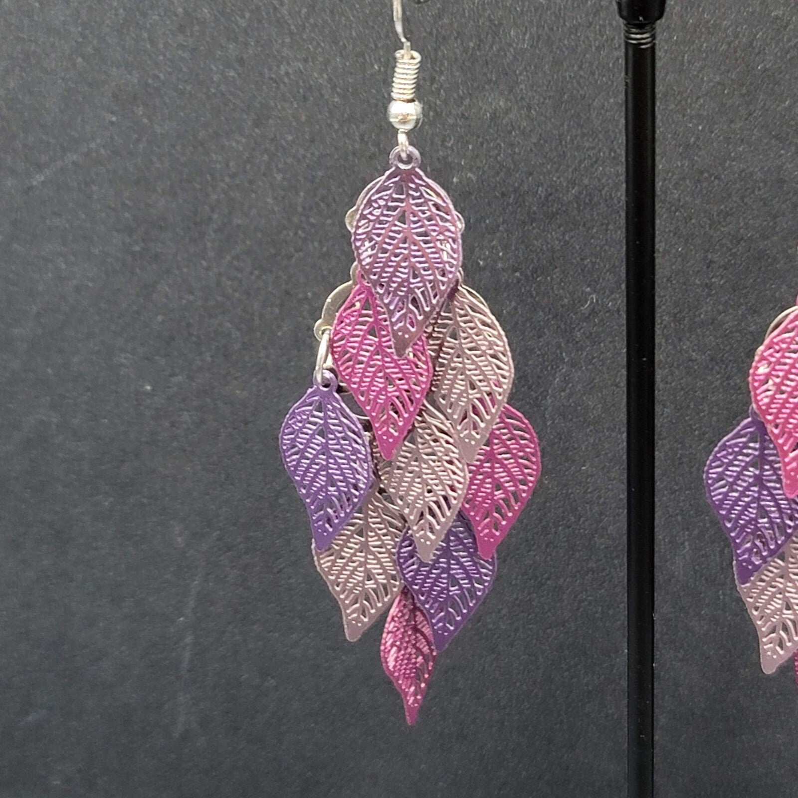 Pierced Earrings Purple Metal Laser Cut Chandelier Dangle 2.5"