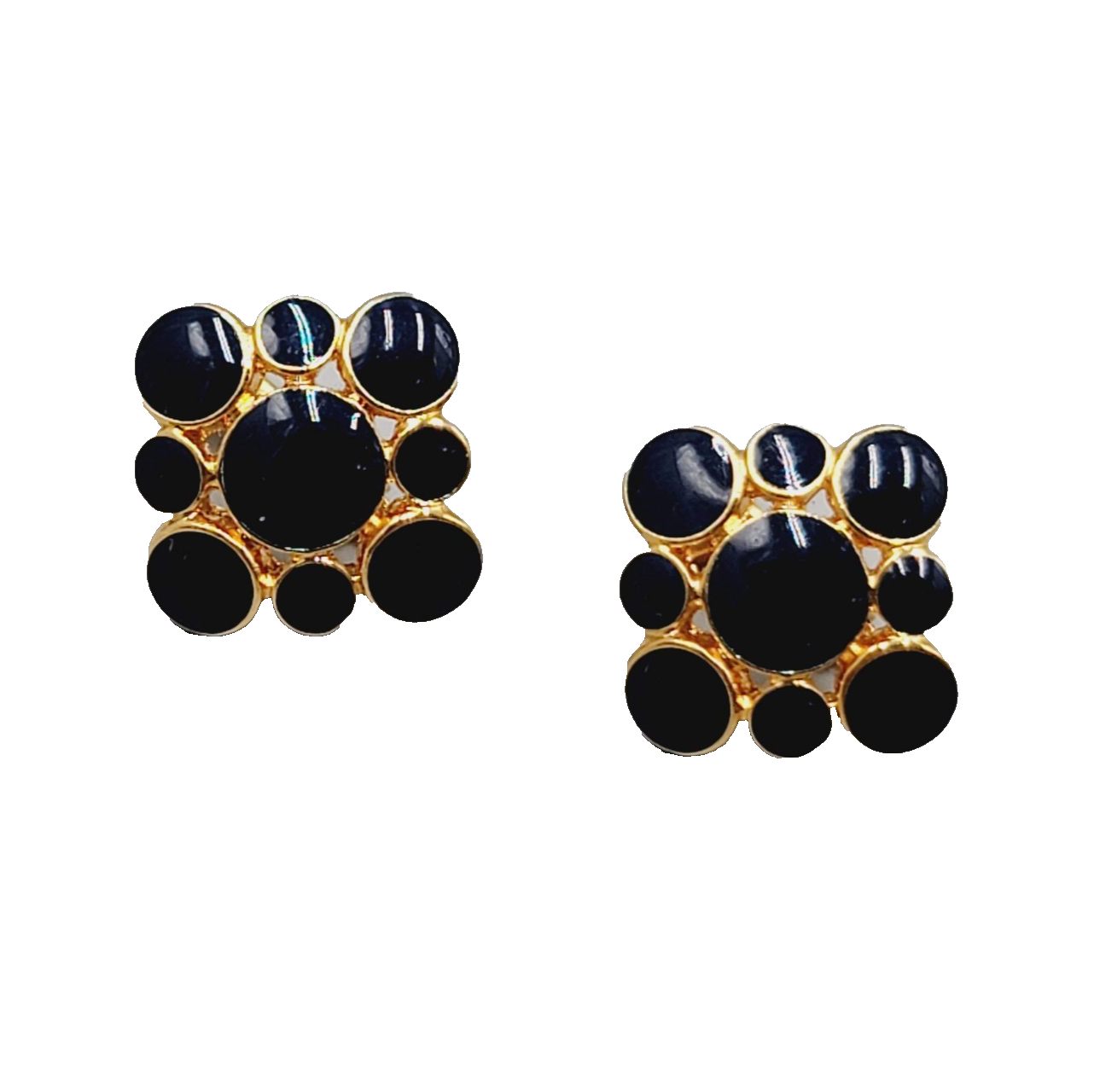 Vintage NAPIER Black Enamel Clip on Earrings Gold Plated Square 3/4 in