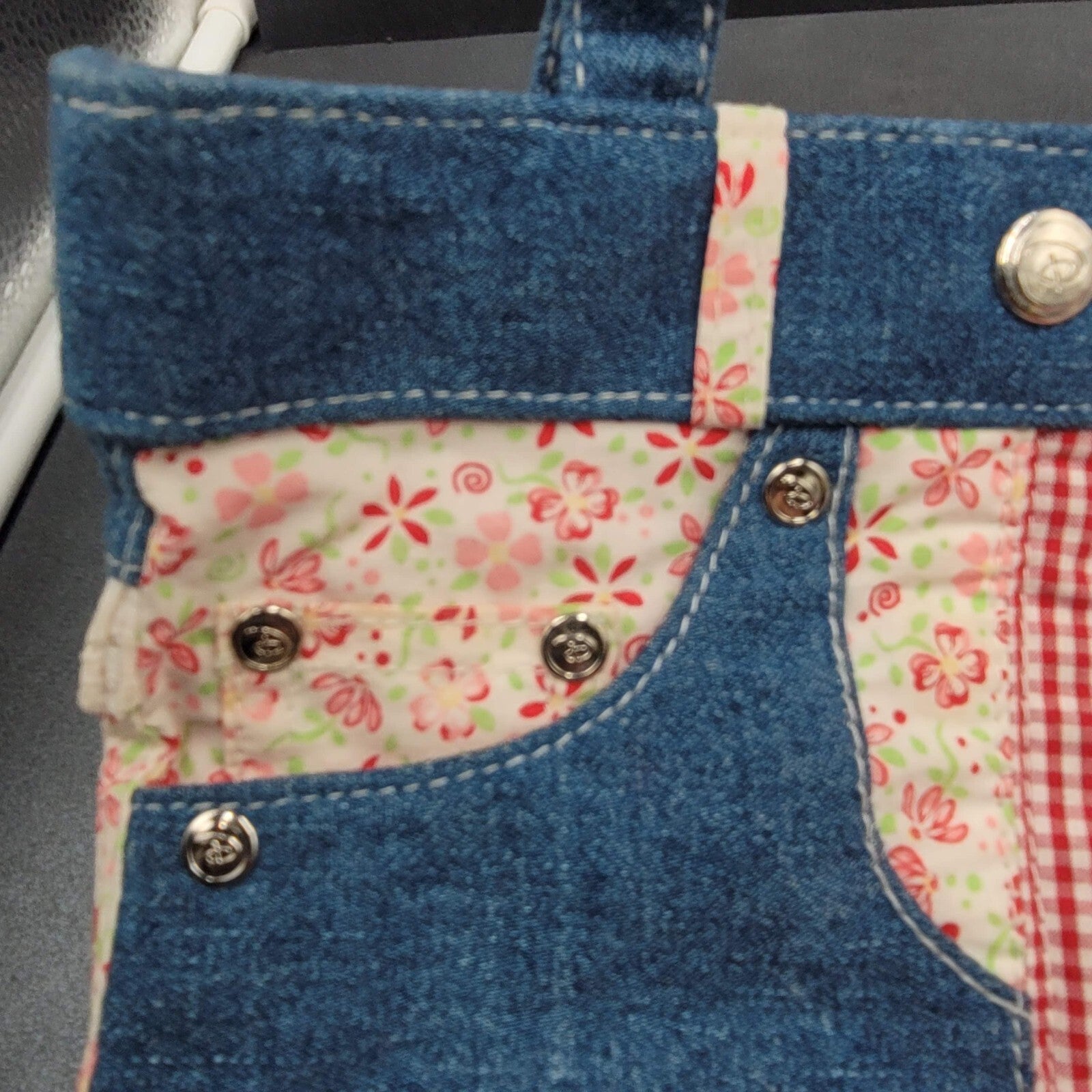 Vintage Denim Purse Red White Plaid Flowers 9.25" x 7.75" Toy