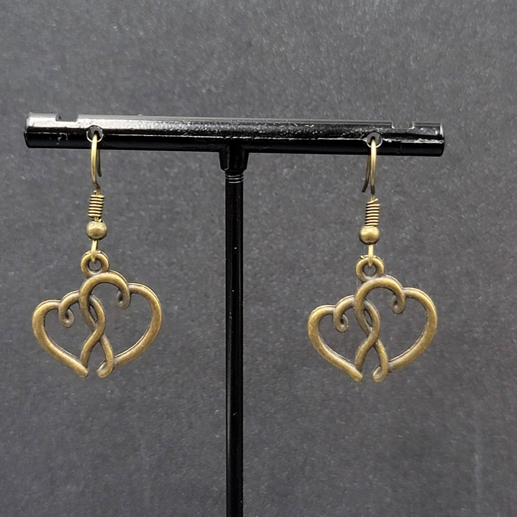 New Double Open Hearts Pierced Earrings Bronze tone Dangle 3/4"