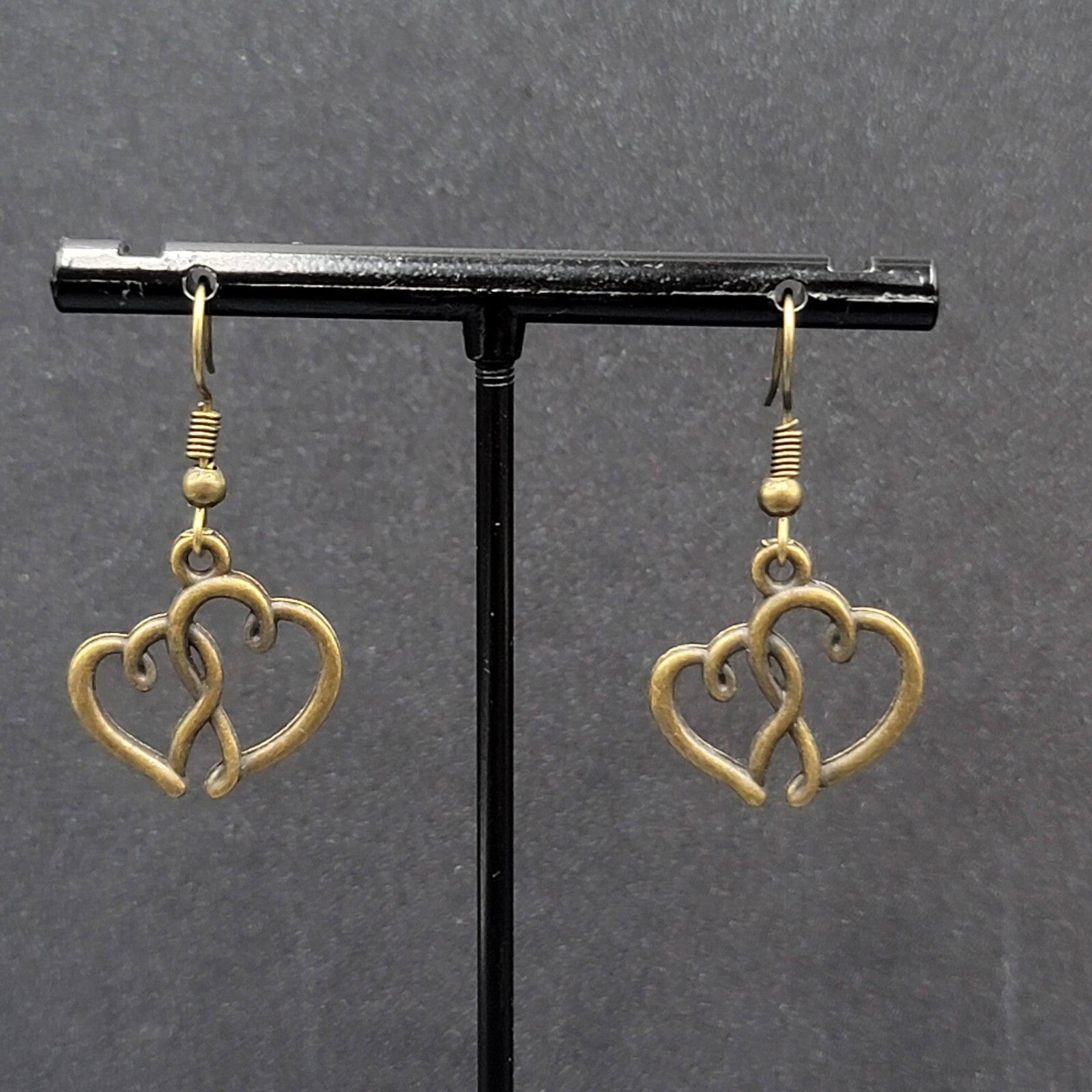 New Double Open Hearts Pierced Earrings Bronze tone Dangle 3/4"