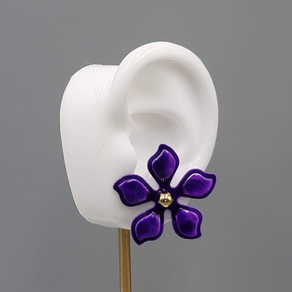 Purple Enamel Flower Jacket Pierced Earrings Gold tone Stud 1.25"