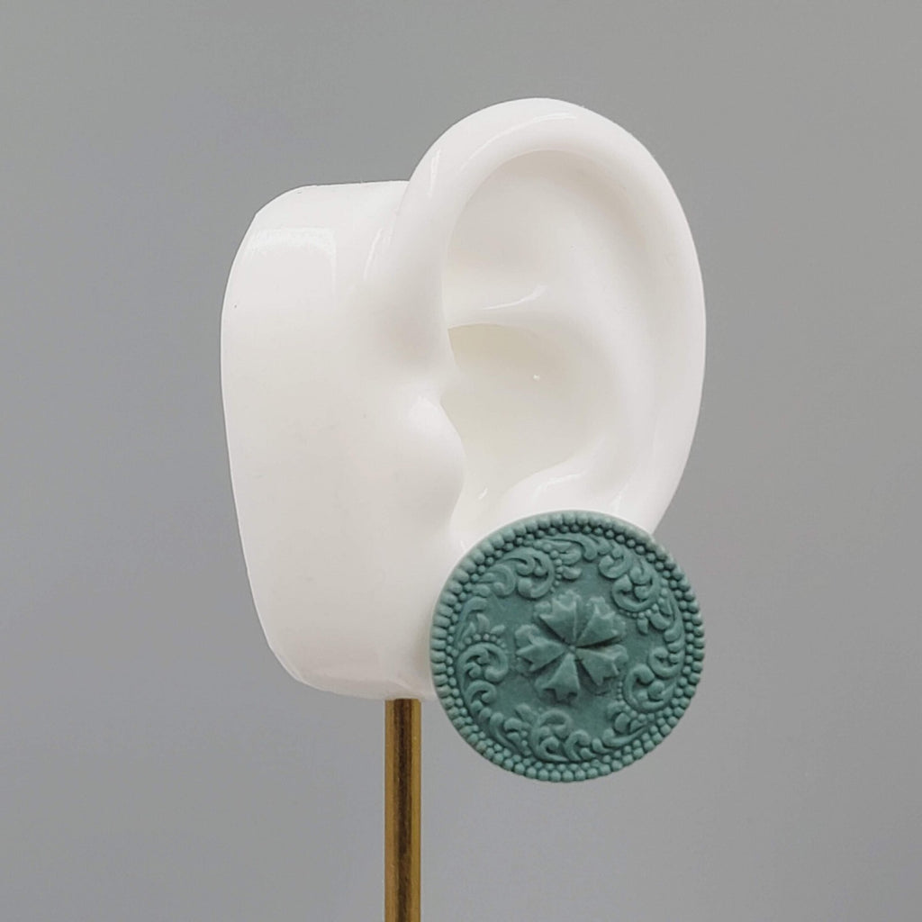 Vintage Embossed Pierced Earrings Green-Blue Round 1"