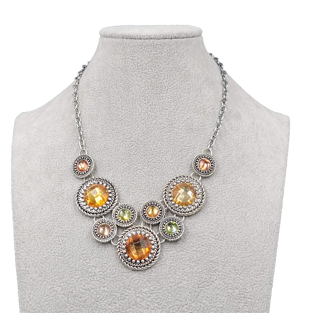 Premier Designs Necklace Silver tone Orange Green Rhinestones Bib 16"-20"