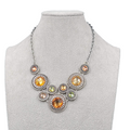Premier Designs Necklace Silver tone Orange Green Rhinestones Bib 16"-20"