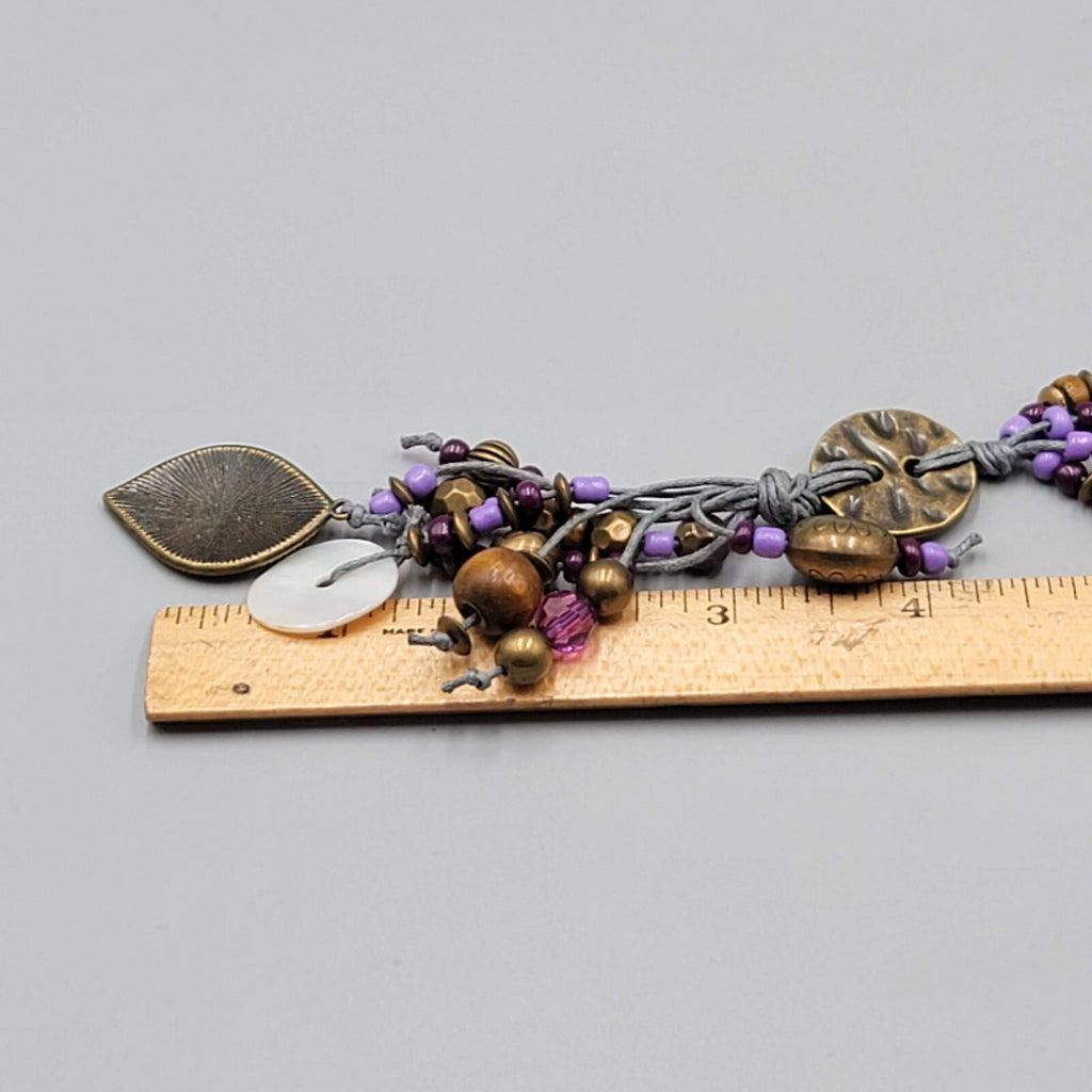 Long Charm Y Drop Necklace Bronze tone Purple Bead Gray Cord 32"