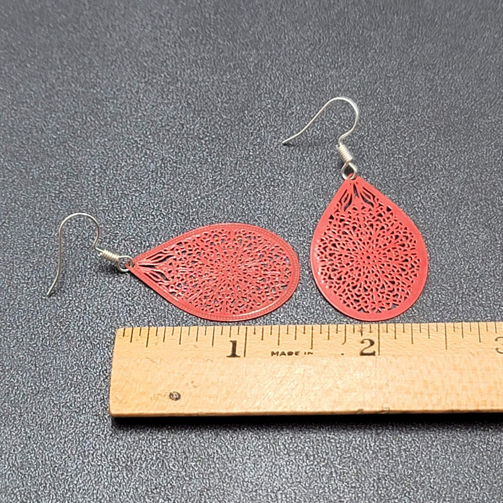 Pierced Earrings Silver tone Red Enamel Open Work Laser cut Teardrop 1 3/8"