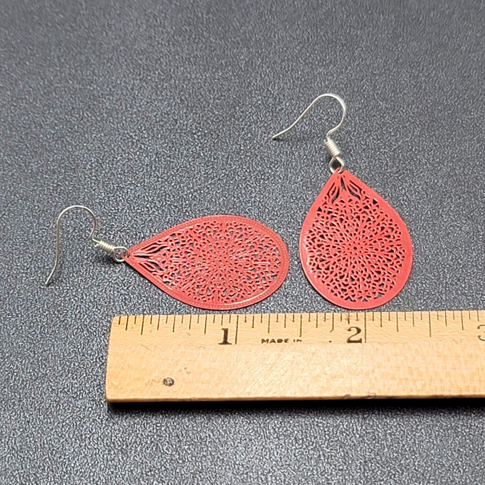 Pierced Earrings Silver tone Red Enamel Open Work Laser cut Teardrop 1 3/8"