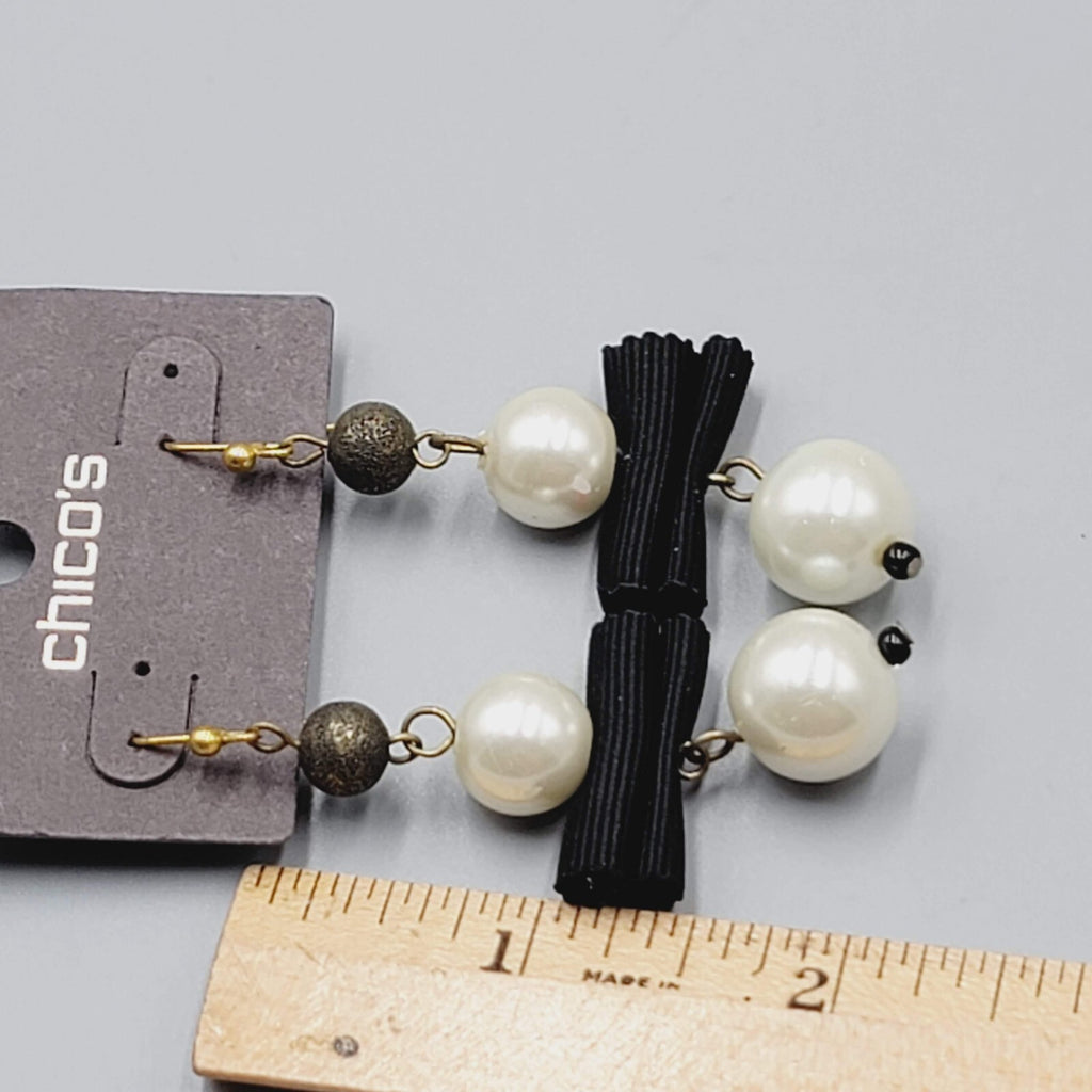 Chicos Pierced Earrings Gold tone White Bead Black Grosgrain Ribbon Dangle NWT