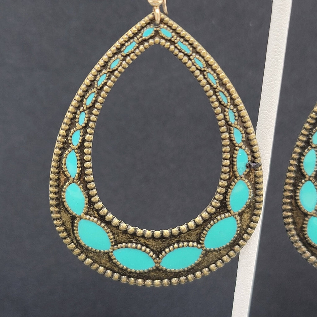 Pierced Earrings Bronze tone Blue Enamel Teardrop Hoops Large Dangle 2.75"