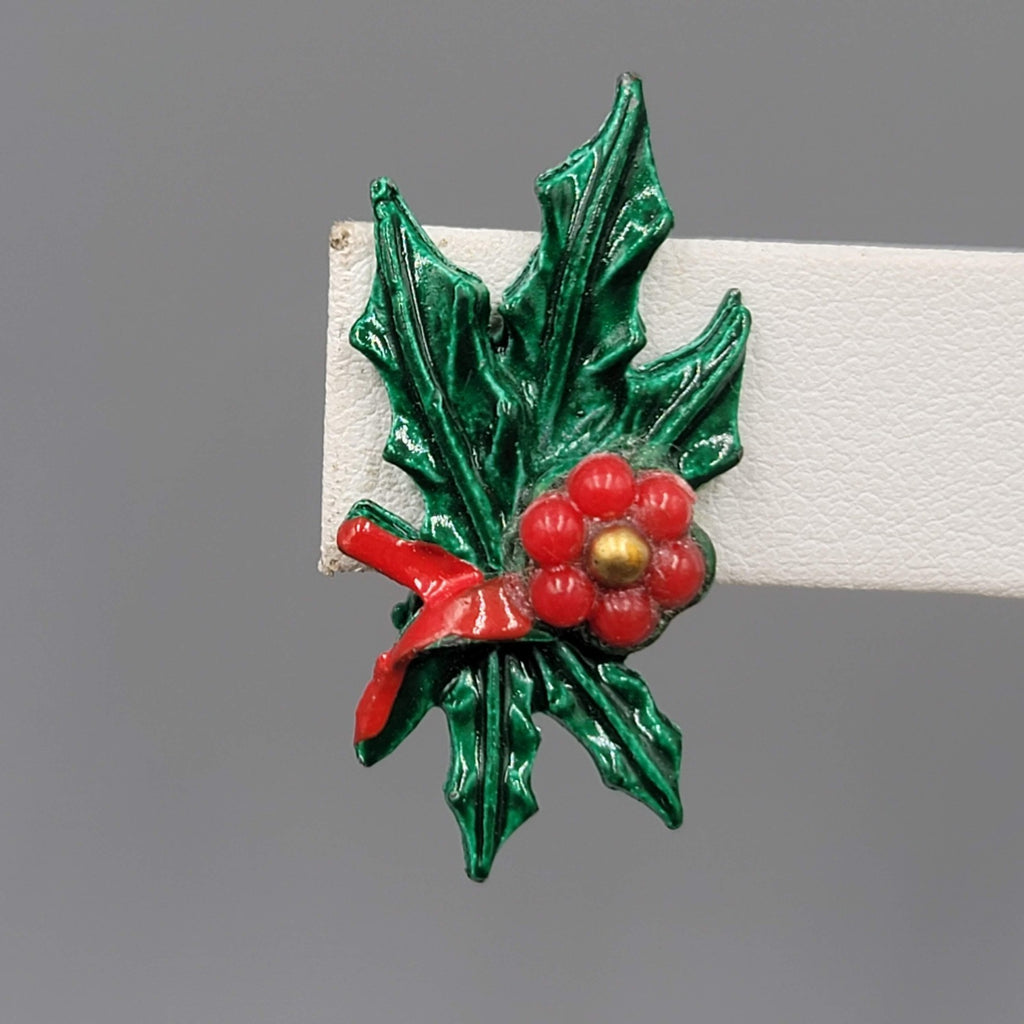 Vintage Enamel Holly Clip on Earrings Christmas Climber 1.25"