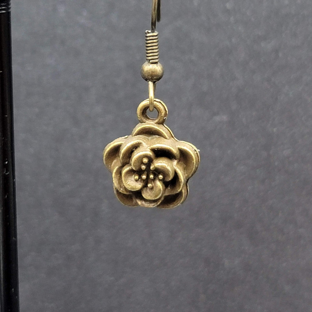 NEW Flower Pierced Earrings Bronze tone Embossed 3D Dangle 5/8"