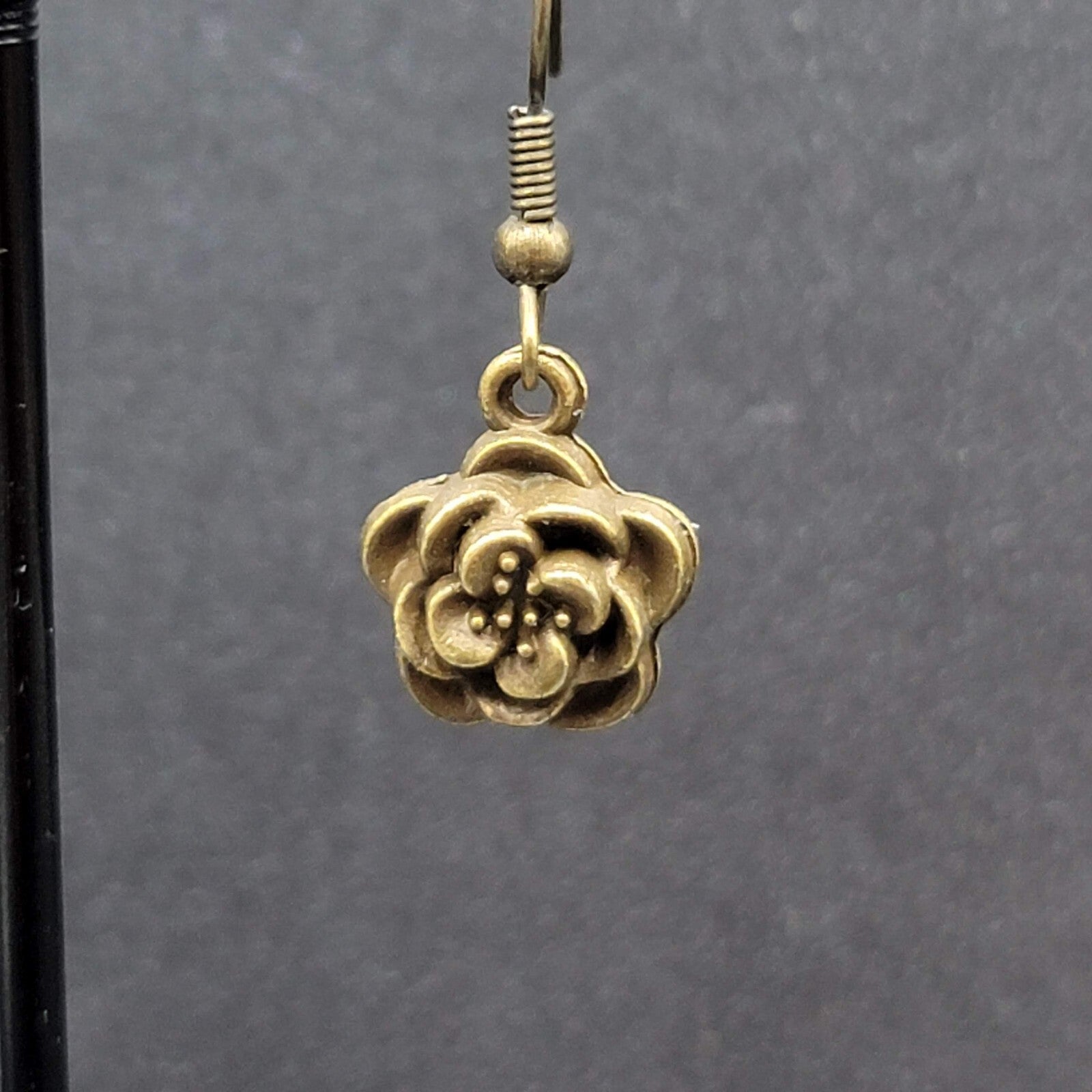 NEW Flower Pierced Earrings Bronze tone Embossed 3D Dangle 5/8"