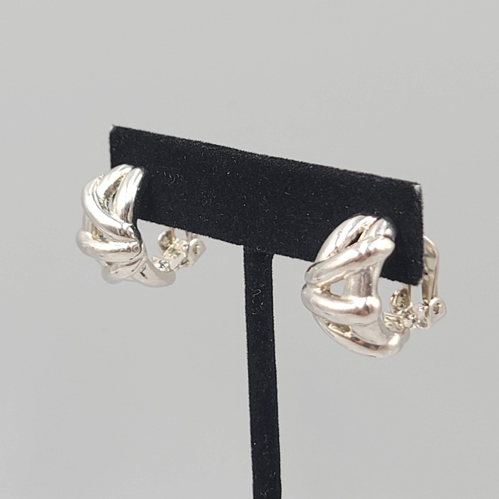 Vintage Half Hoop Clip On Earrings Silver tone Embossed Drop 3/4"