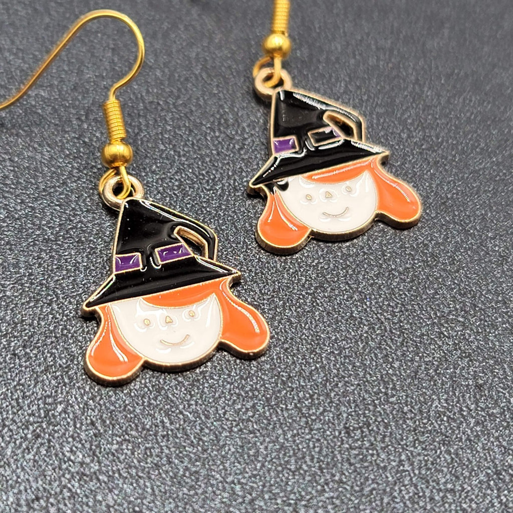 Cute Witch Halloween Pierced Earrings Gold tone Enamel Dangle 1"