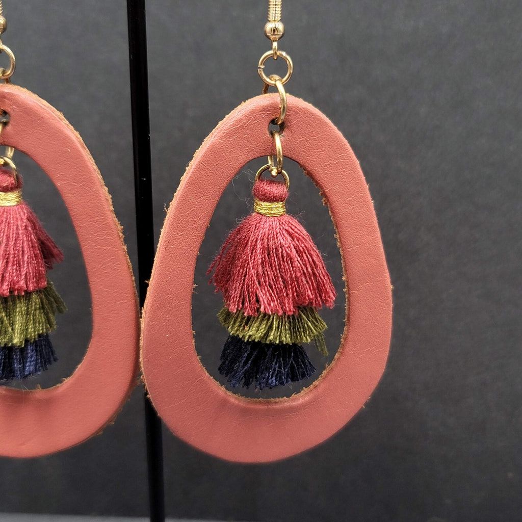 Pierced Earrings Dusty Rose Pink Leather Teardrop Tassel Boho Art  2.5"