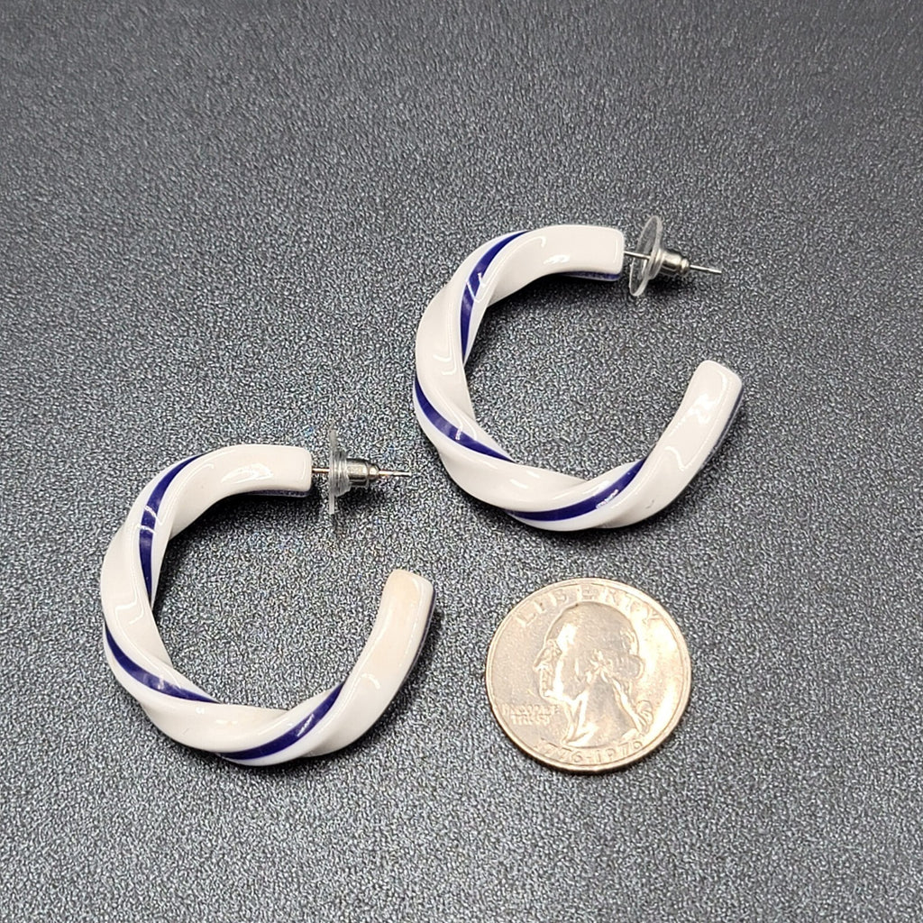 Pierced Earrings White Blue Acrylic Twist Hoops  1.5"
