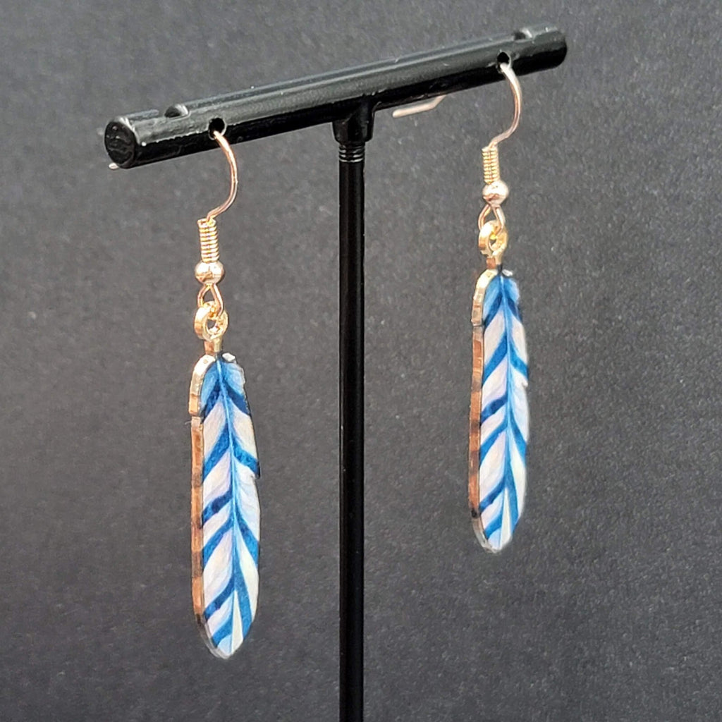 Metal Feather Pierced Earrings Blue White Striped Gold tone Dangle 1.5"