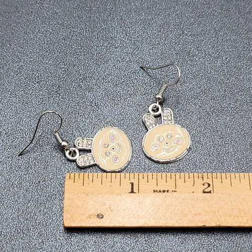 Bunny Pierced Earrings Dangle Silver tone Enamel Rhinestone 1"