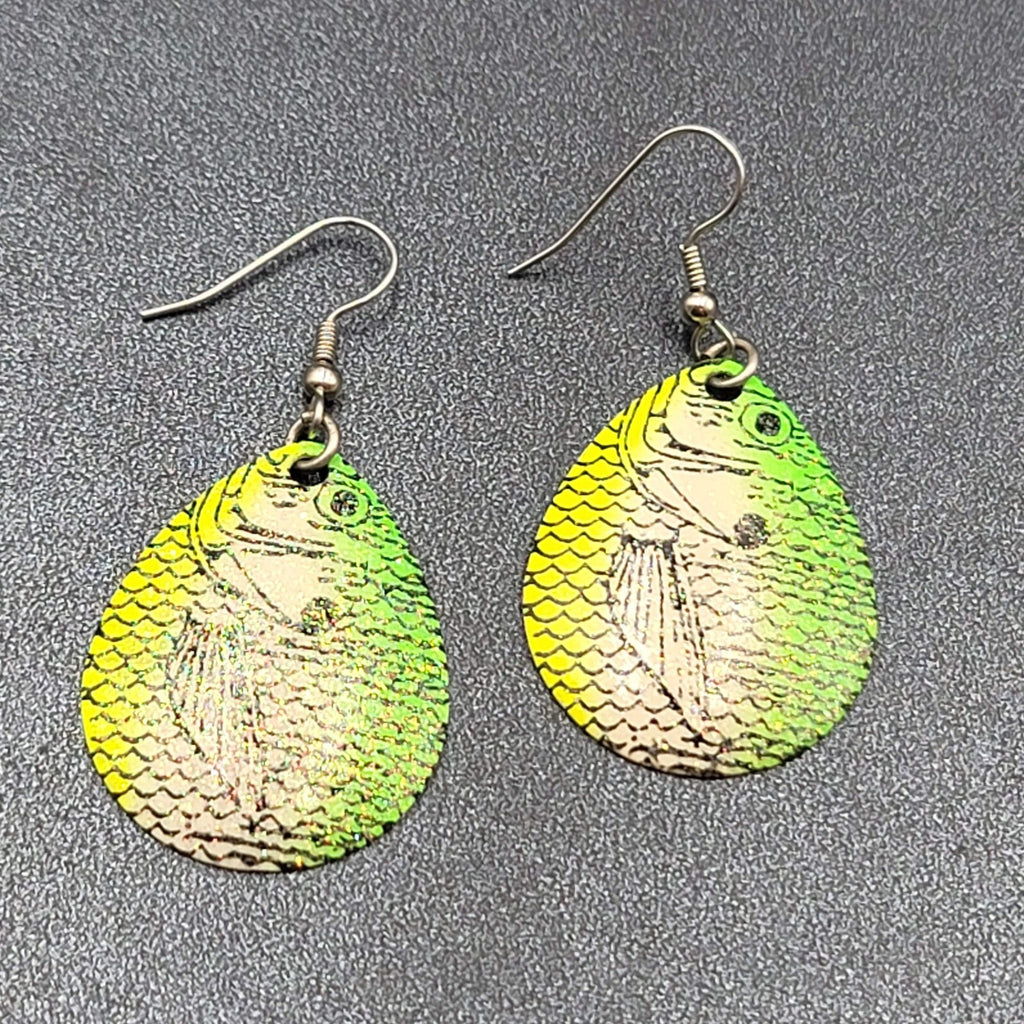 Fishing Lure Pierced Earrings Neon Green Yellow Teardrop Fish Dangle 1.5"