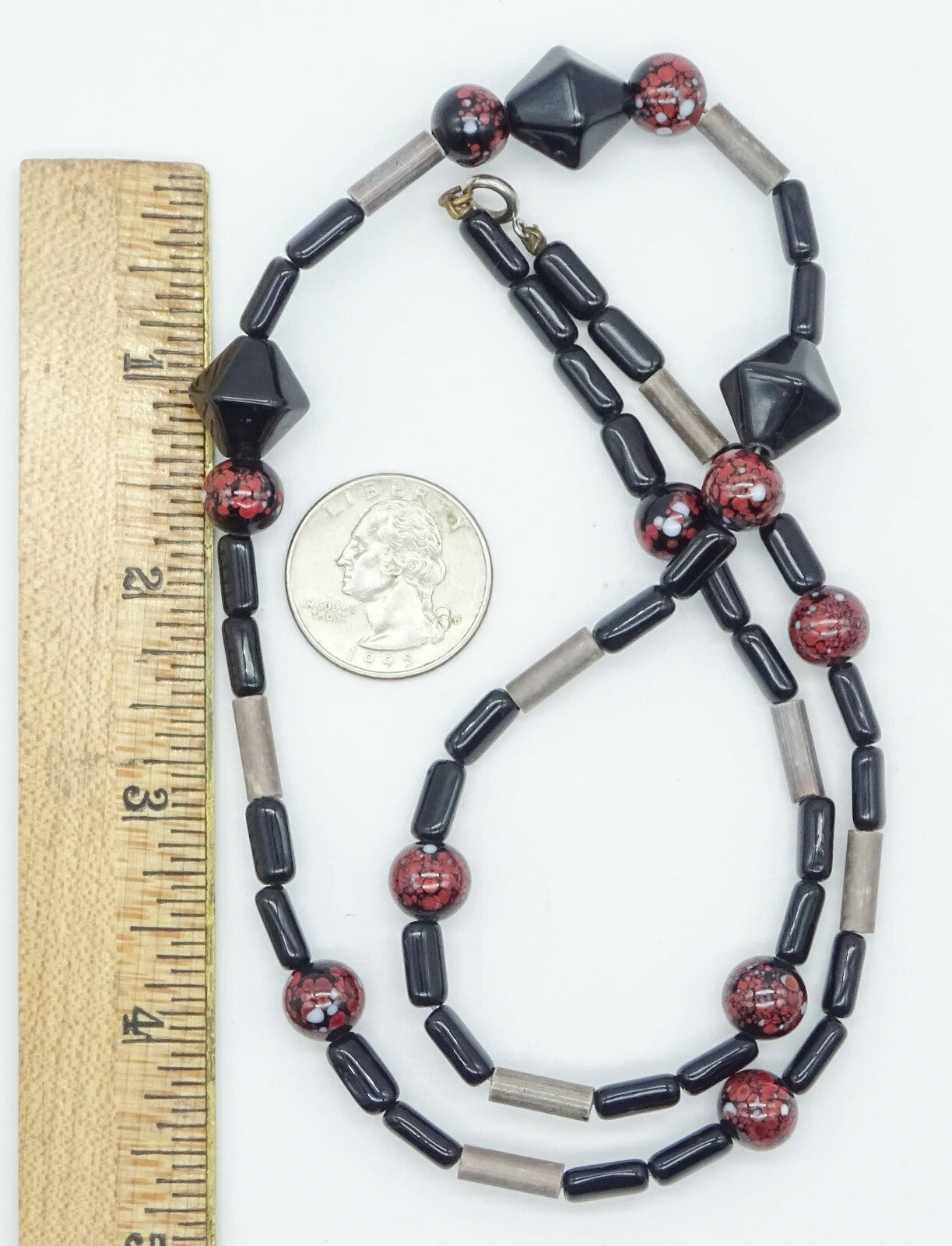 Vintage Beaded Necklace 24 in Estate Costume Jewelry Red Black Silver