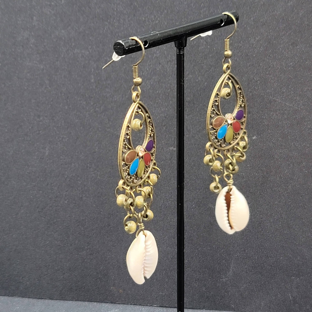 New Boho Pierced Earrings Bronze tone Multicolor Enamel Cowrie Shell 2.5"
