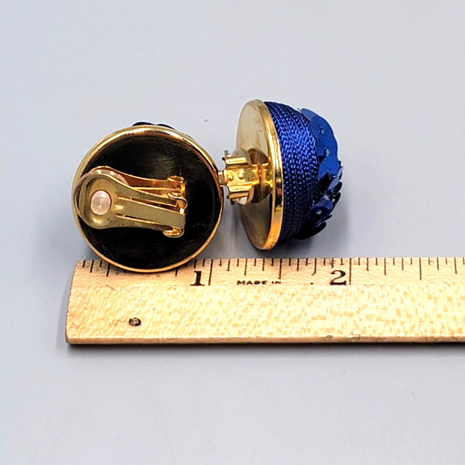 Vintage Blue Sequin Dome Clip on Earrings Gold tone 1 1/8"