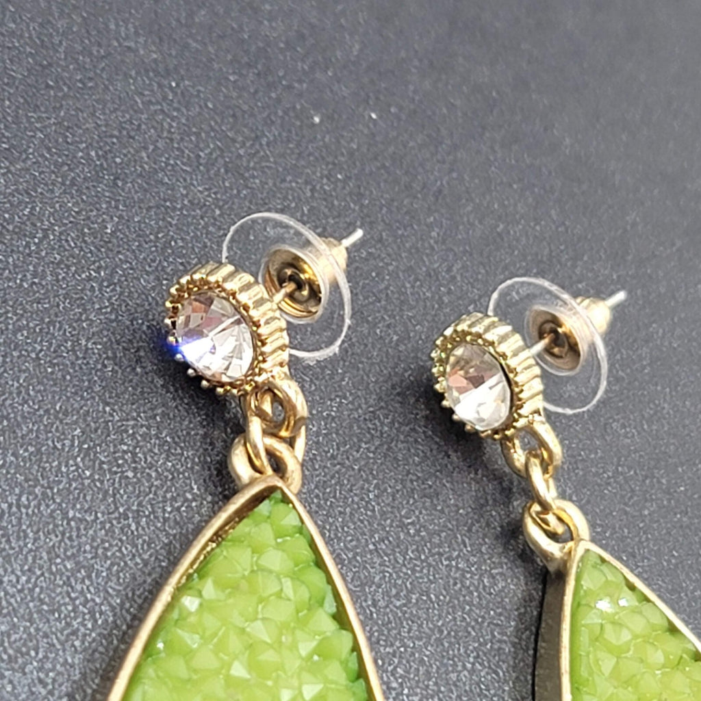 Pierced Earrings Gold tone Green Druzy Style Statement Dangle 2.25"