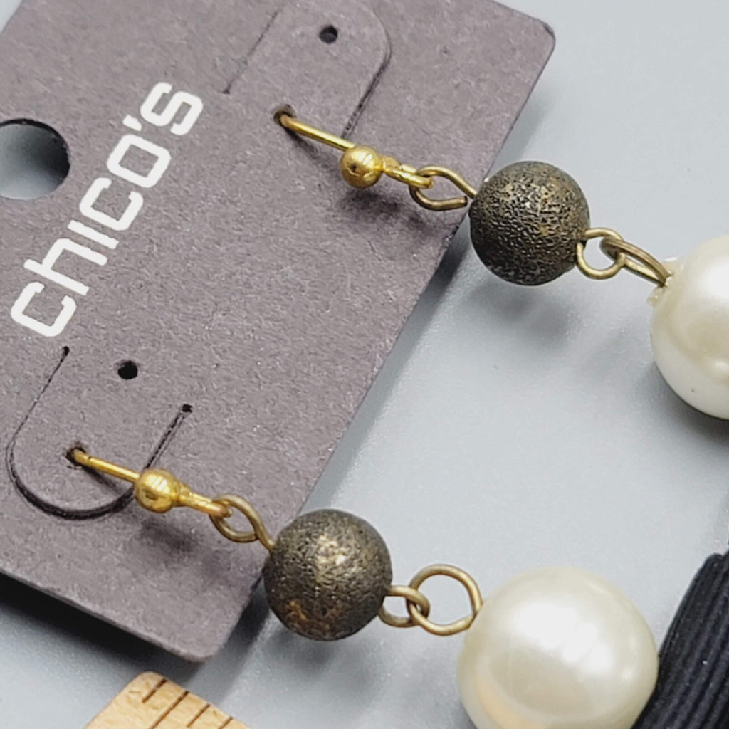 Chicos Pierced Earrings Gold tone White Bead Black Grosgrain Ribbon Dangle NWT