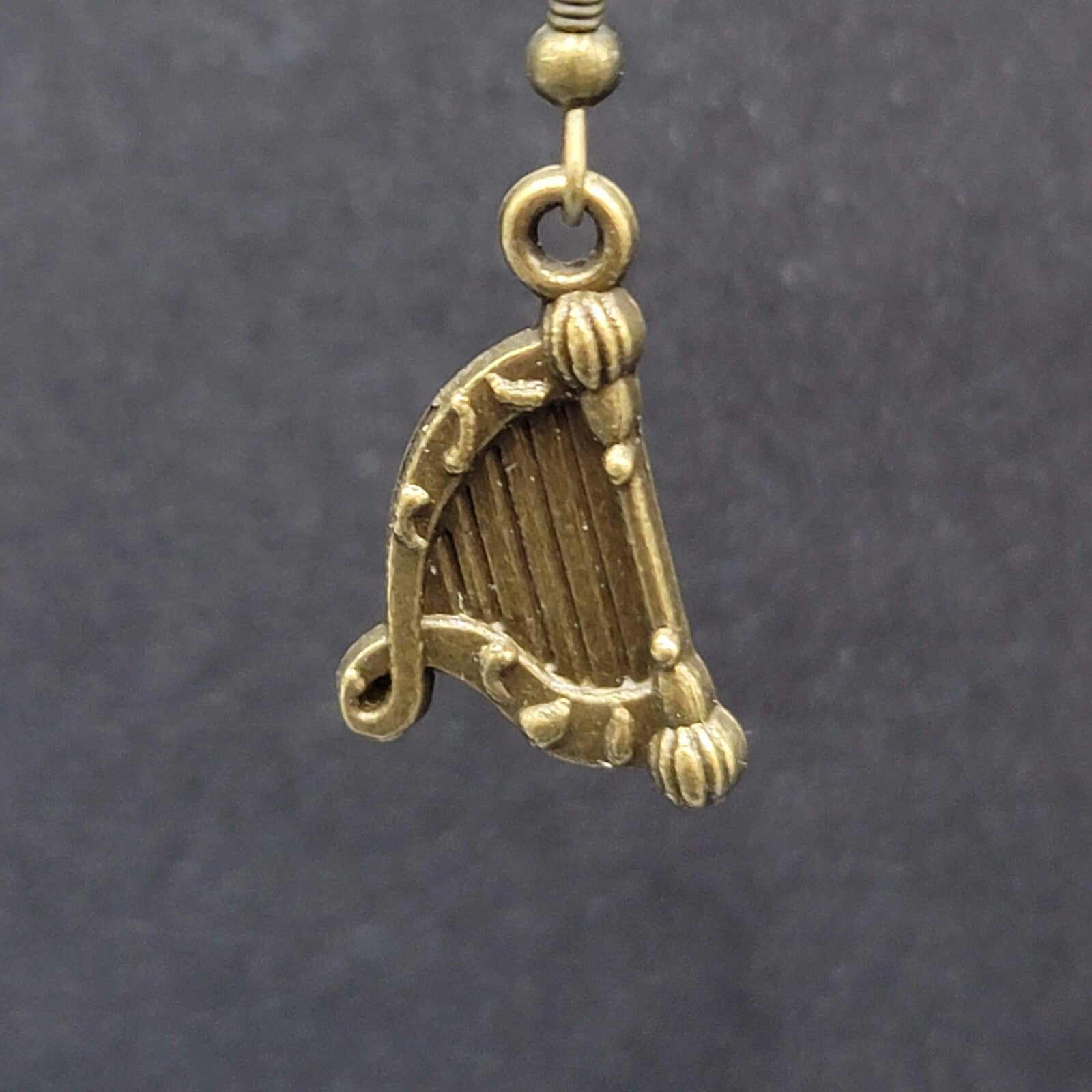 New Harp Pierced Earrings Bronze tone Embossed Dangle 7/8"