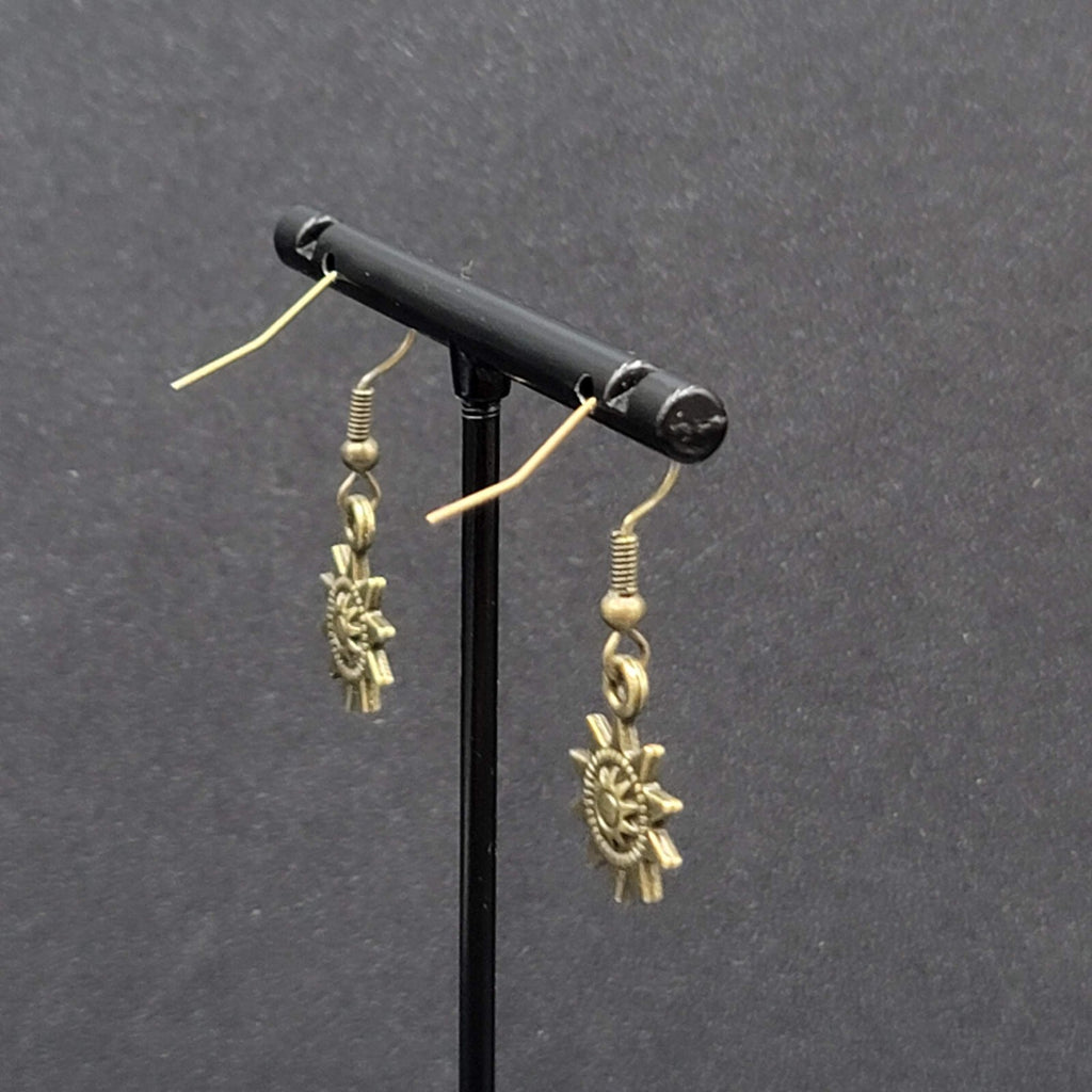 Sun Pierced Earrings Bronze tone Embossed Dangle New 5/8"