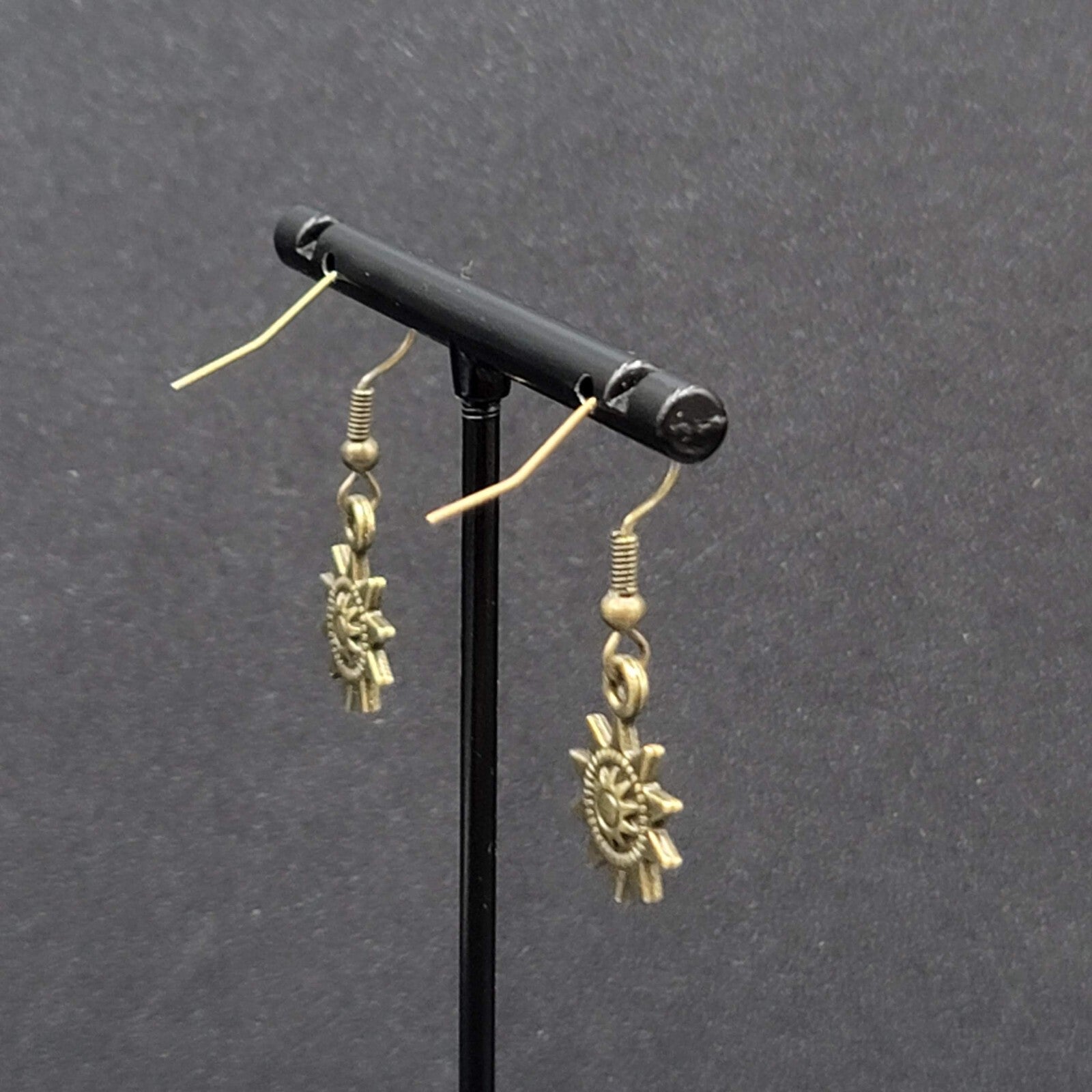 Sun Pierced Earrings Bronze tone Embossed Dangle New 5/8"