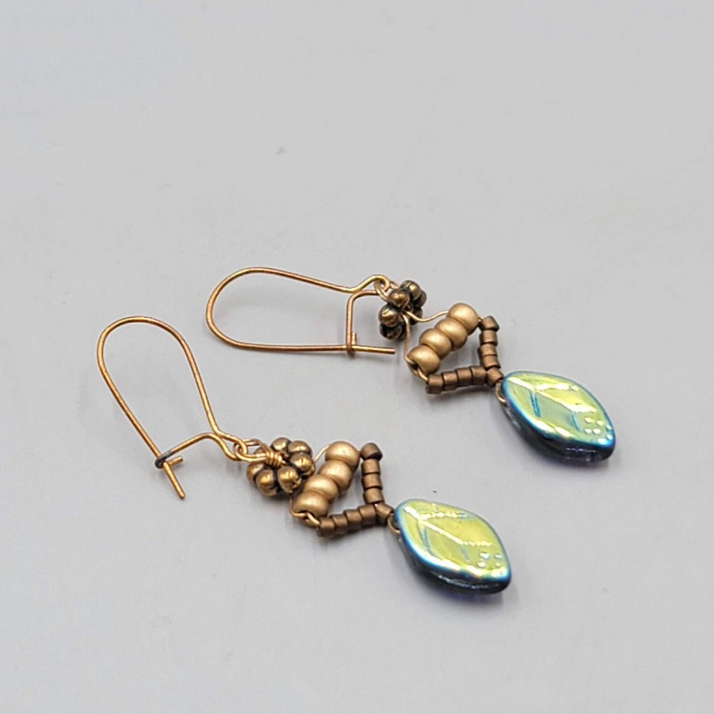 Glass Leaf Iridescent Pierced Earrings Beaded Copper tone Dangle 1"