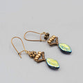 Glass Leaf Iridescent Pierced Earrings Beaded Copper tone Dangle 1"