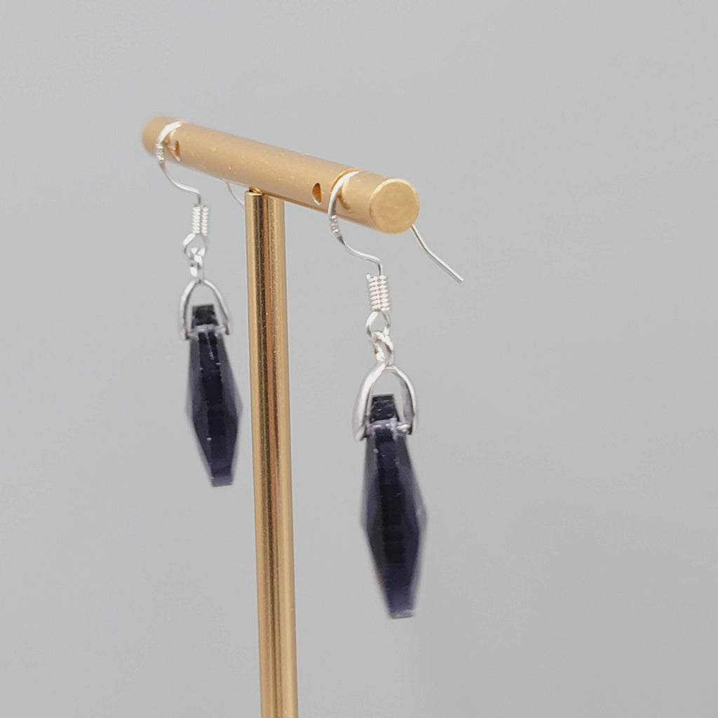 Purple Glass Teardrop Bead Pierced Earrings Silver tone Dangle 1"