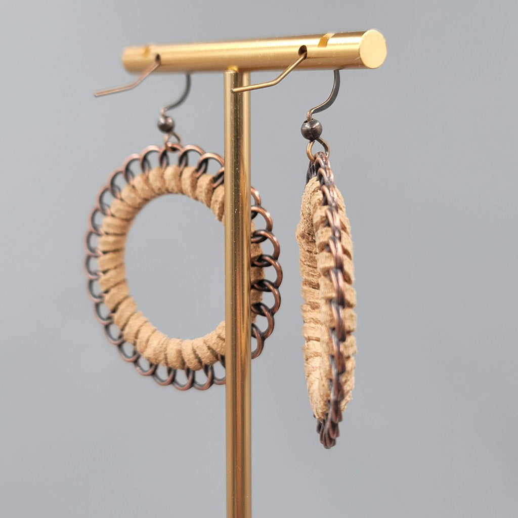 Pierced Earrings Bronze tone Dangle Faux Suede Leather Wrapped 1 5/8"